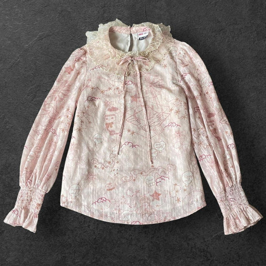 Pop Mart collab chiffon blouse with pastel fantasy print & lace collar0