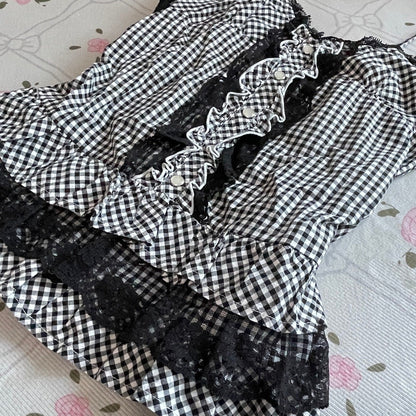 Gingham checkered lace-trim vintage cami top2