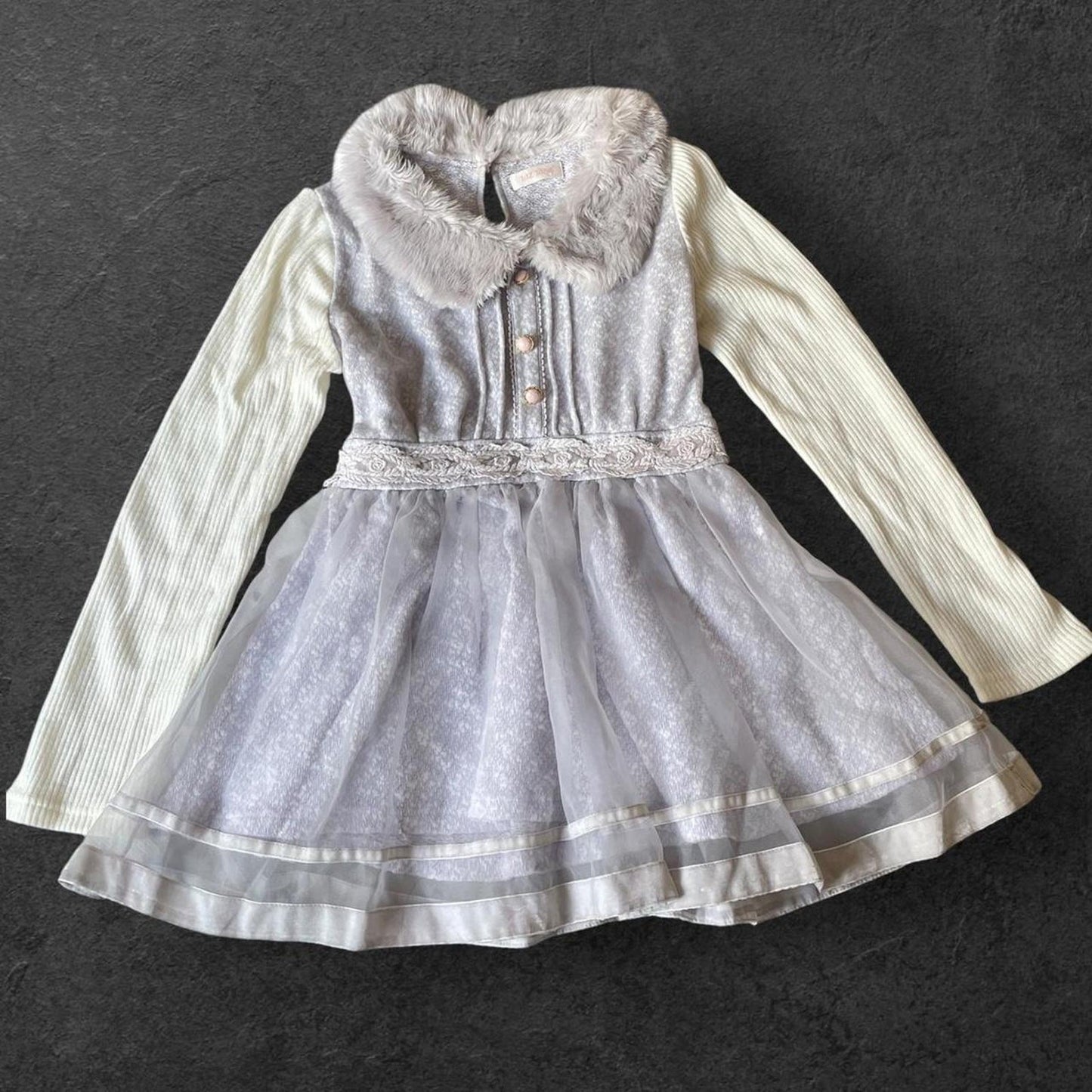 Liz Lisa mini velour dress with lace mesh overlay and faux fur collar0