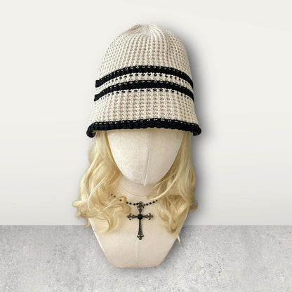 Crochet Bucket Hat – Beige & Black Striped0