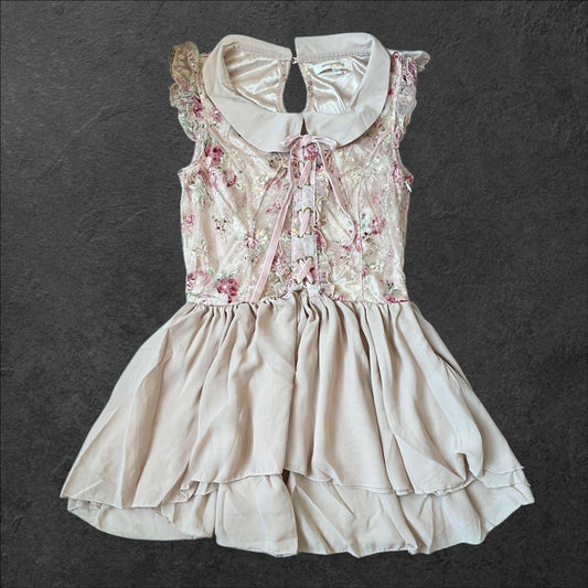 Floral satin collared vintage blouse dress0