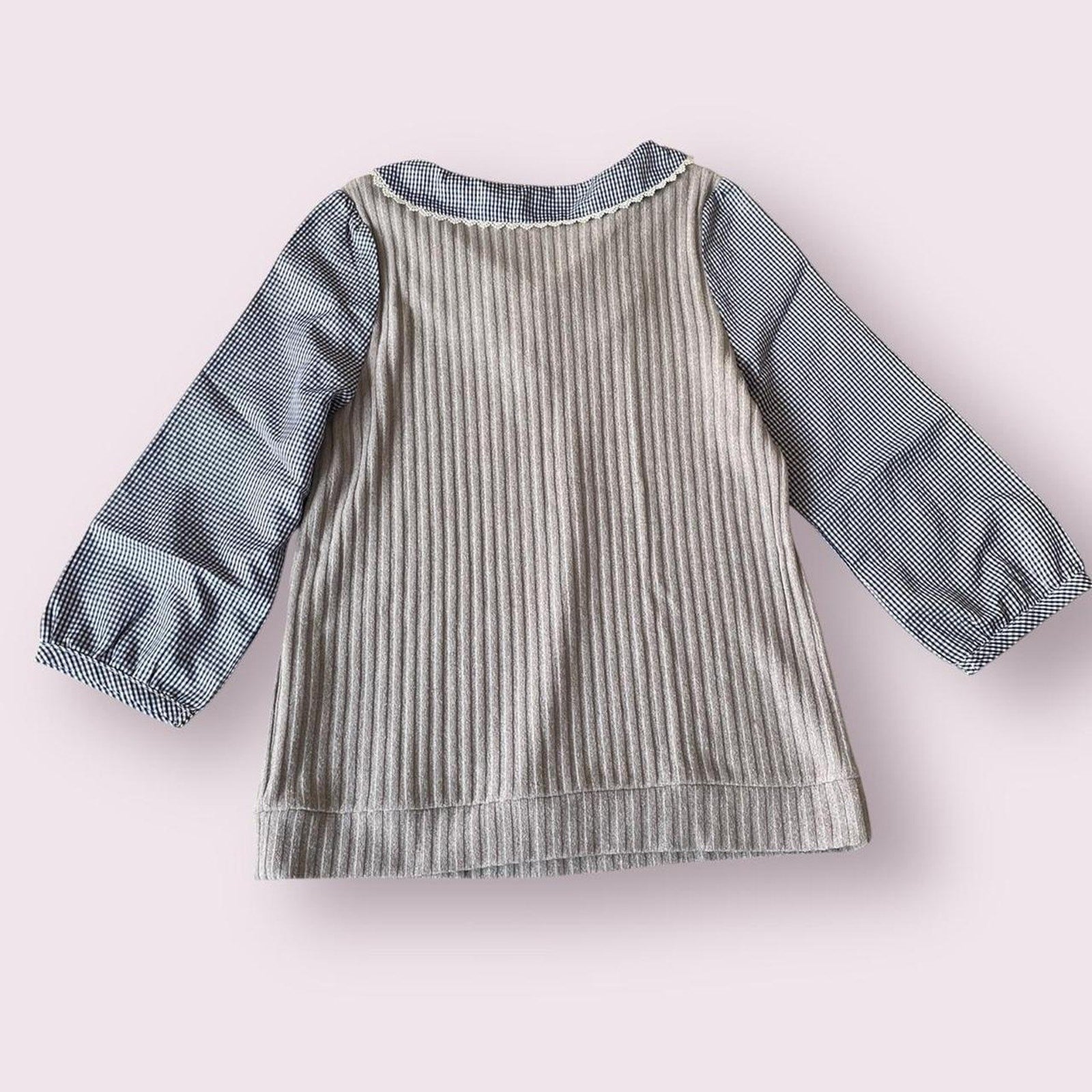 Axes Femme  patchwork knit & gingham top with lace collar1