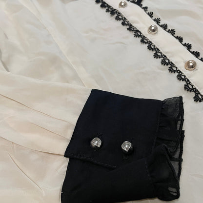 y2k Japanese ruffle blouse – sheer ivory shirt with contrast cuffs5