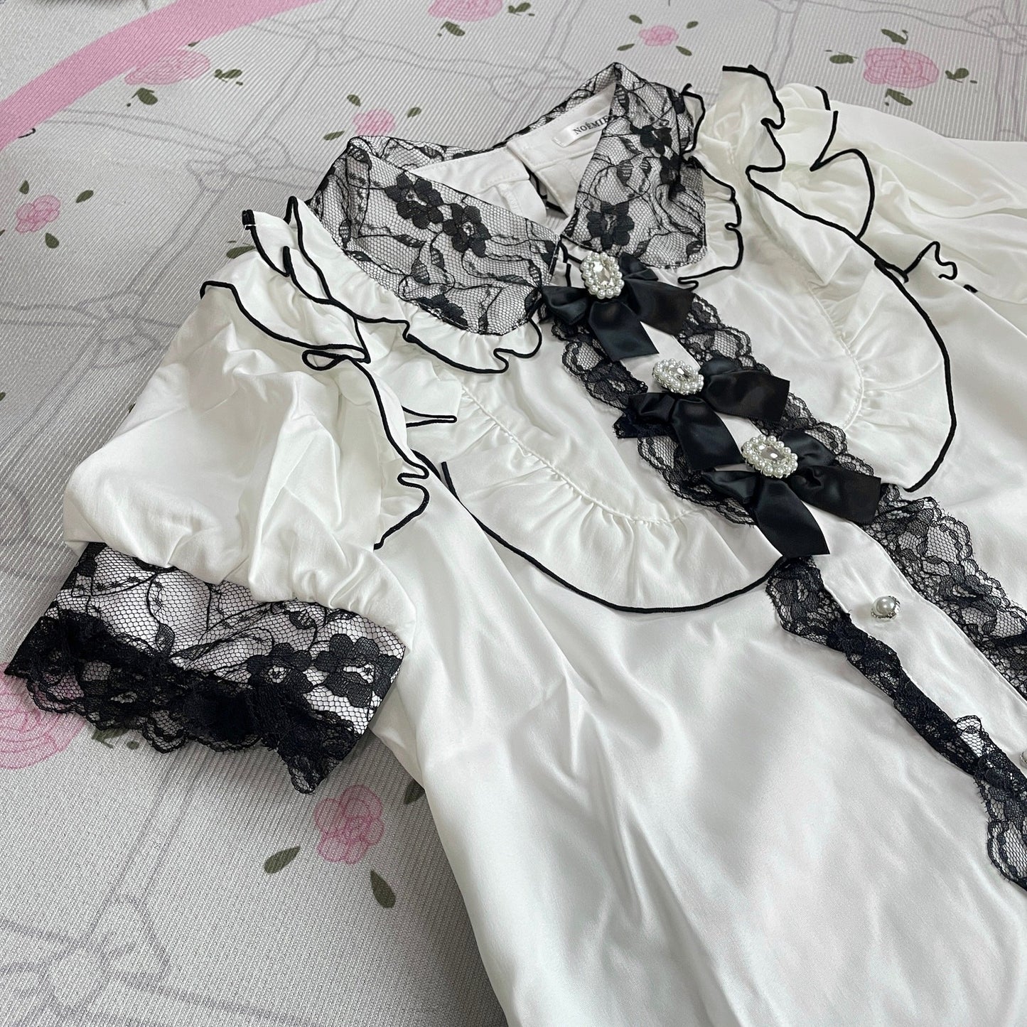 Noemie White Black Lace Jeweled Bow Blouse Ryousangata Jirai Kei Top3
