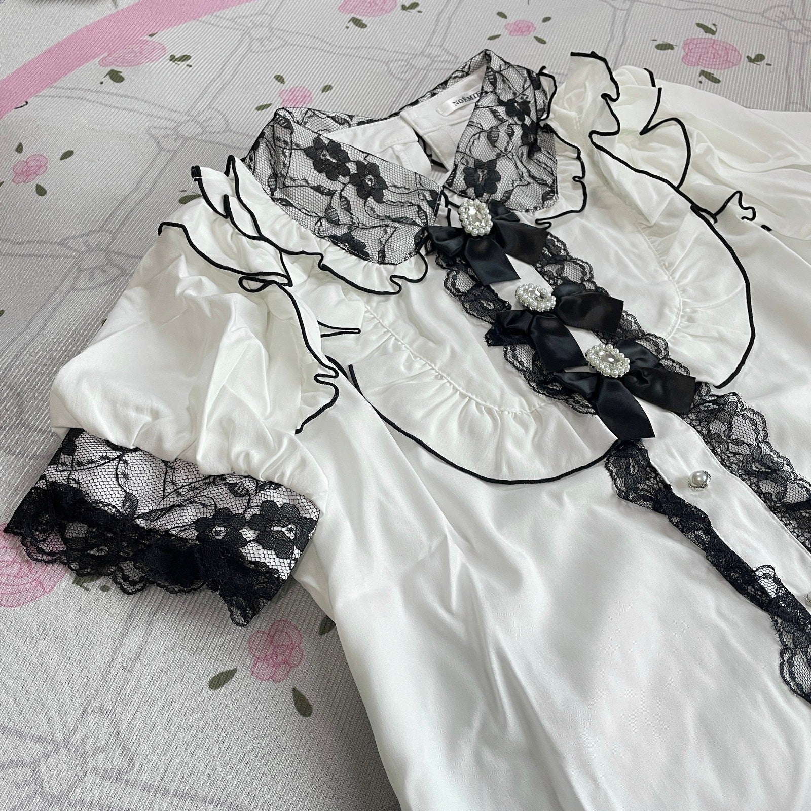 Noemie White Black Lace Jeweled Bow Blouse Ryousangata Jirai Kei Top3