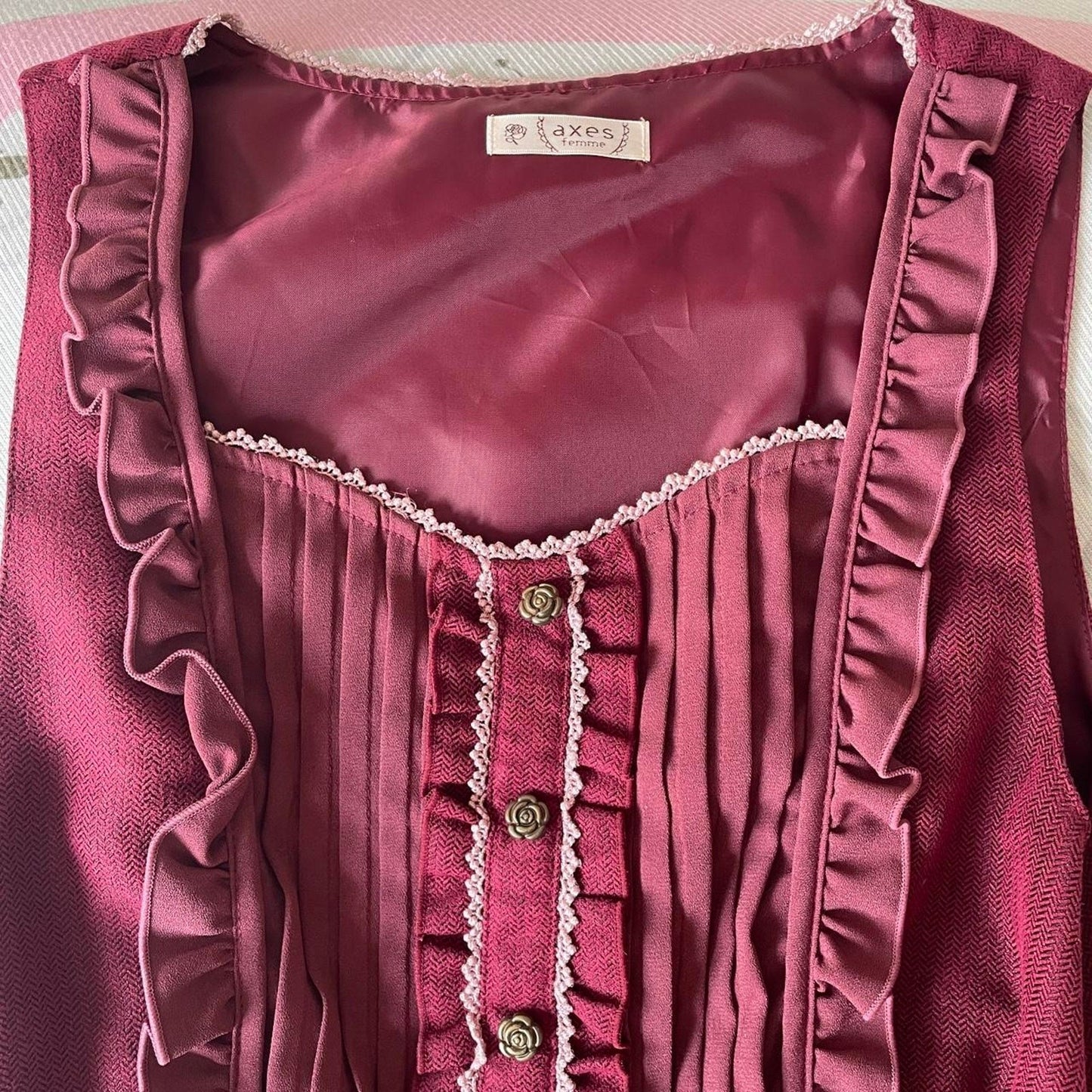 Axes Femme dusty rose and burgundy layered dress with ribbon belt2