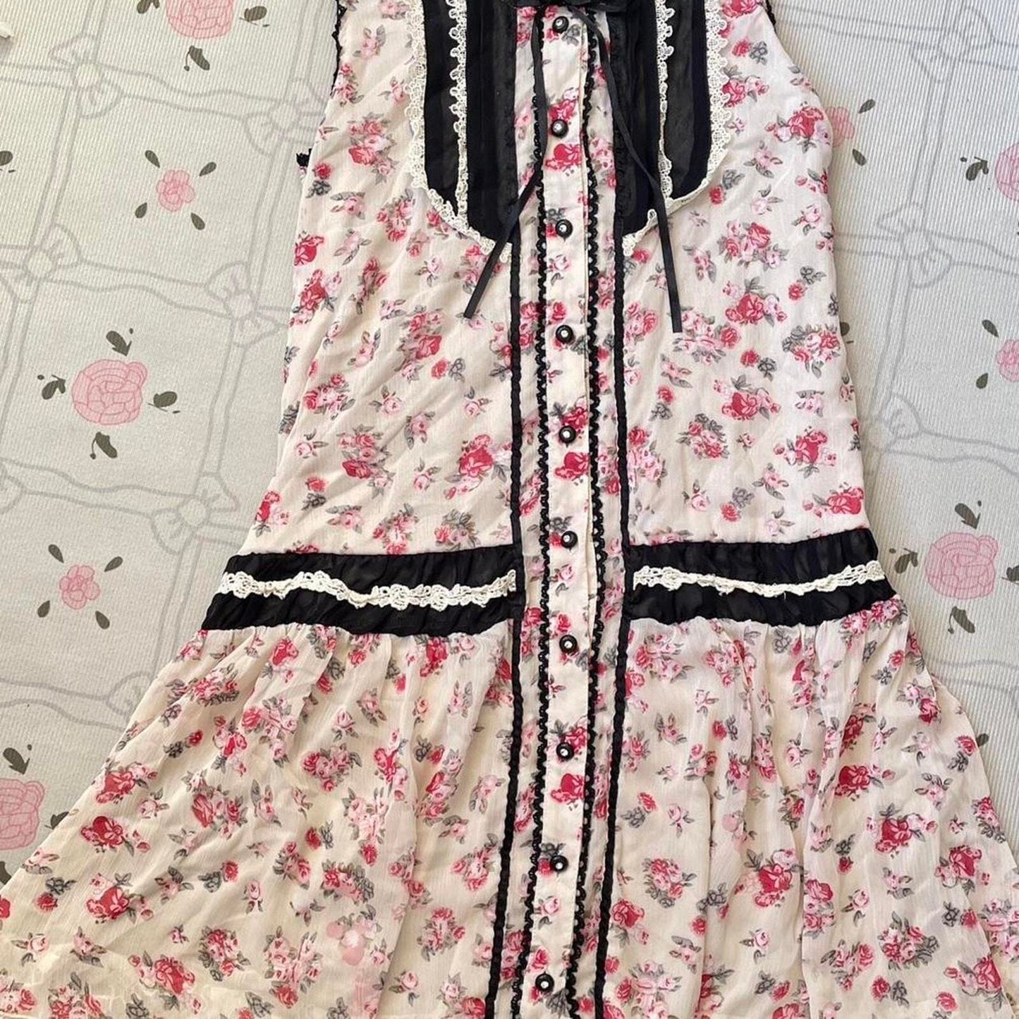 Axes femme rare vintage floral lace dress with black ribbon and button details 5