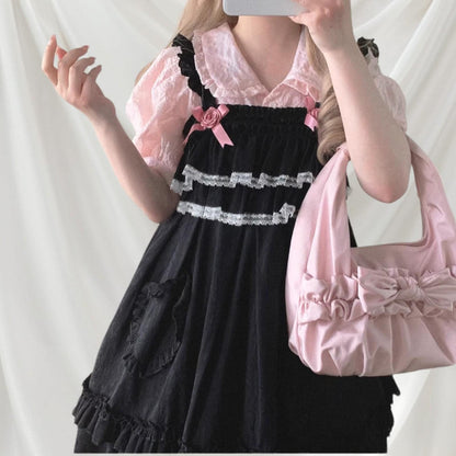 Black rose and lace cotton strap dress Jfashion kawaii light-lolita one size2