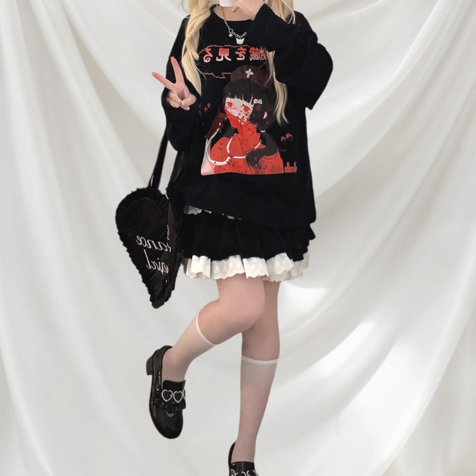 Japanese oversized black Tee with graphic character print Anime Tee3