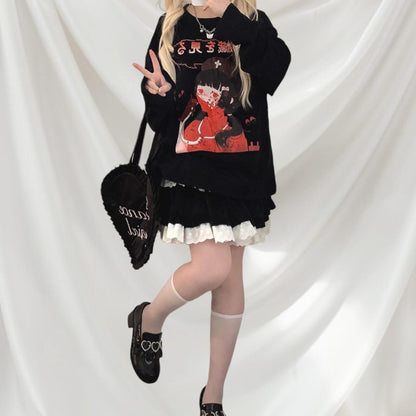 Japanese oversized black Tee with graphic character print Anime Tee3