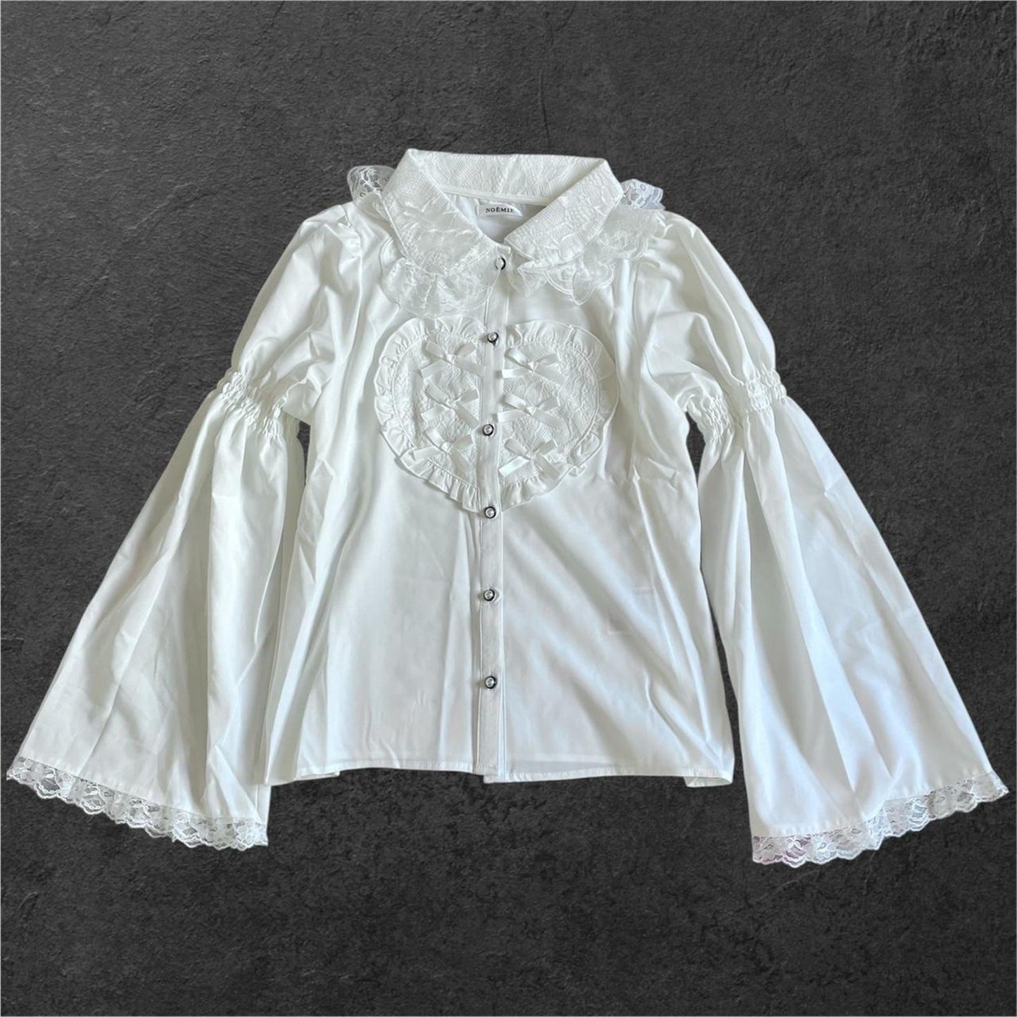 Noemie Romantic White Lace-Up Heart Blouse with Bell Sleeves0