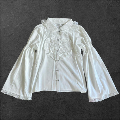 Noemie Romantic White Lace-Up Heart Blouse with Bell Sleeves0