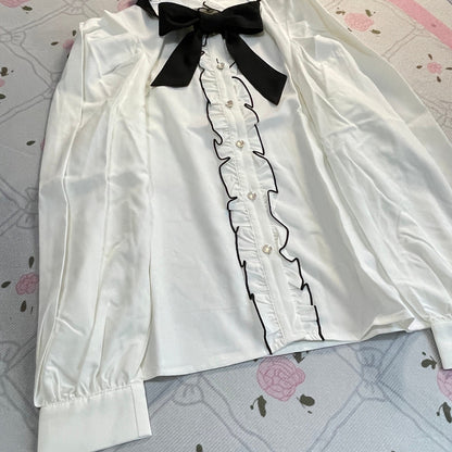 GRL Ribbon Blouse – White Ruffle Shirt with Black Bow, Kawaii J-fashion3