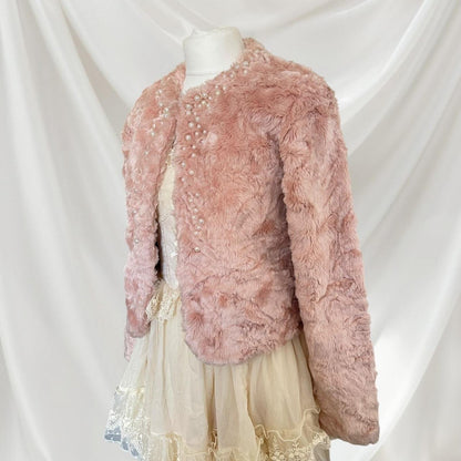 Soft pink faux fur jacket with pearl details from Japanese brand MIL4