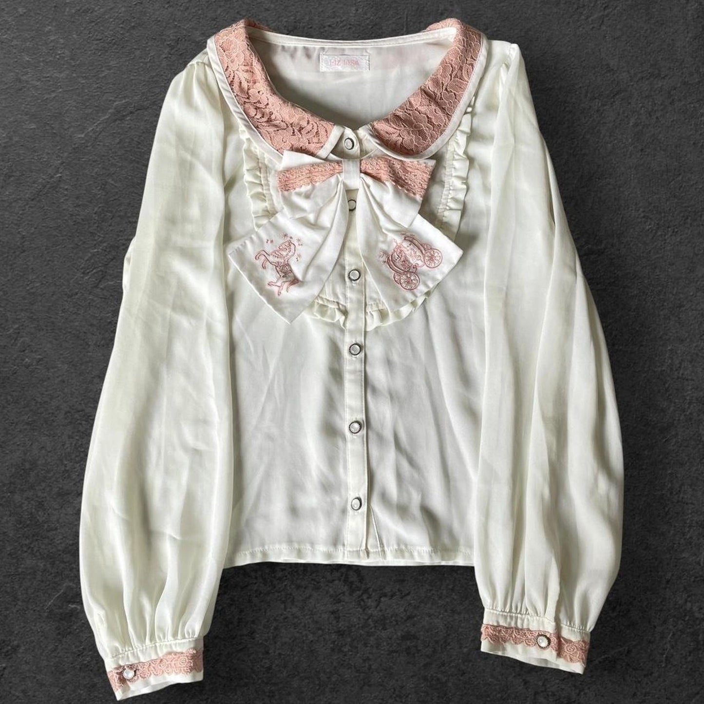 Liz Lisa cream blouse with embroidered bow & pink lace trim0