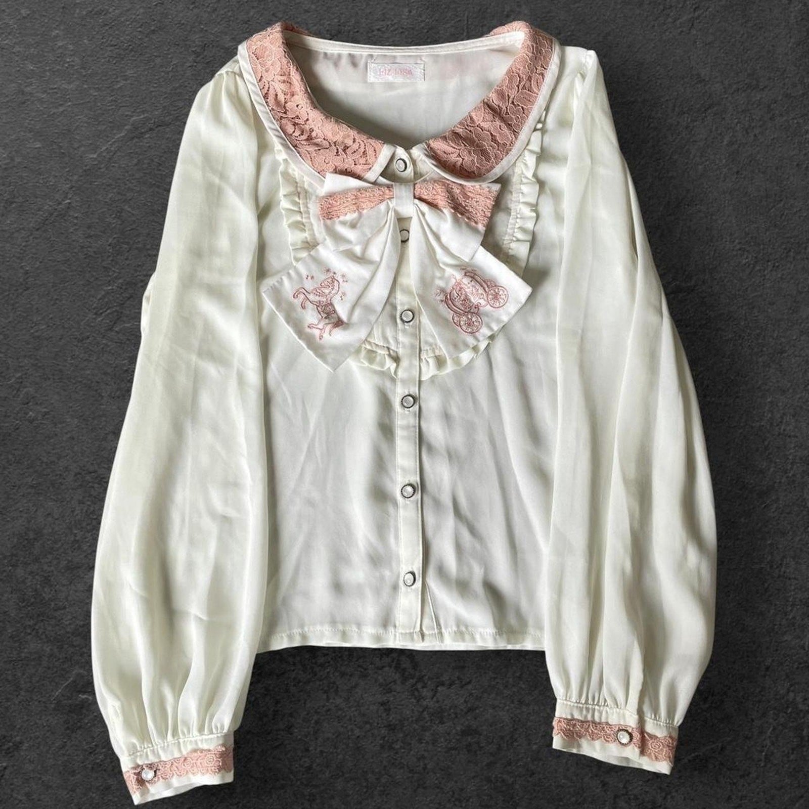 Liz Lisa cream blouse with embroidered bow & pink lace trim0