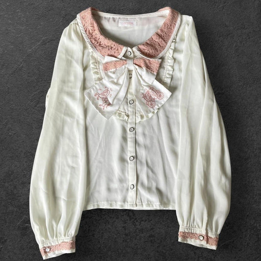 Liz Lisa cream blouse with embroidered bow & pink lace trim0