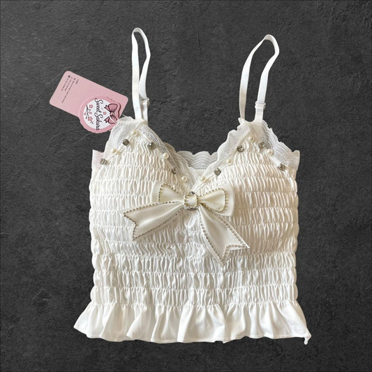 White lace cami cropped top with pearl bow and adjustable straps0