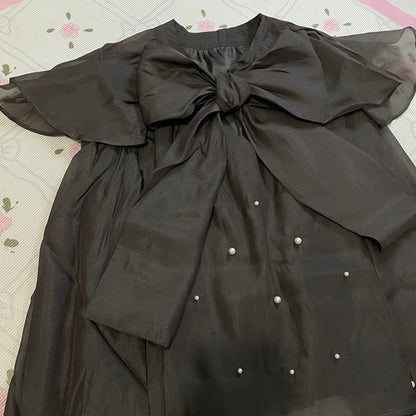 GRL black oversized bow blouse – sheer puff sleeves, pearl detail3