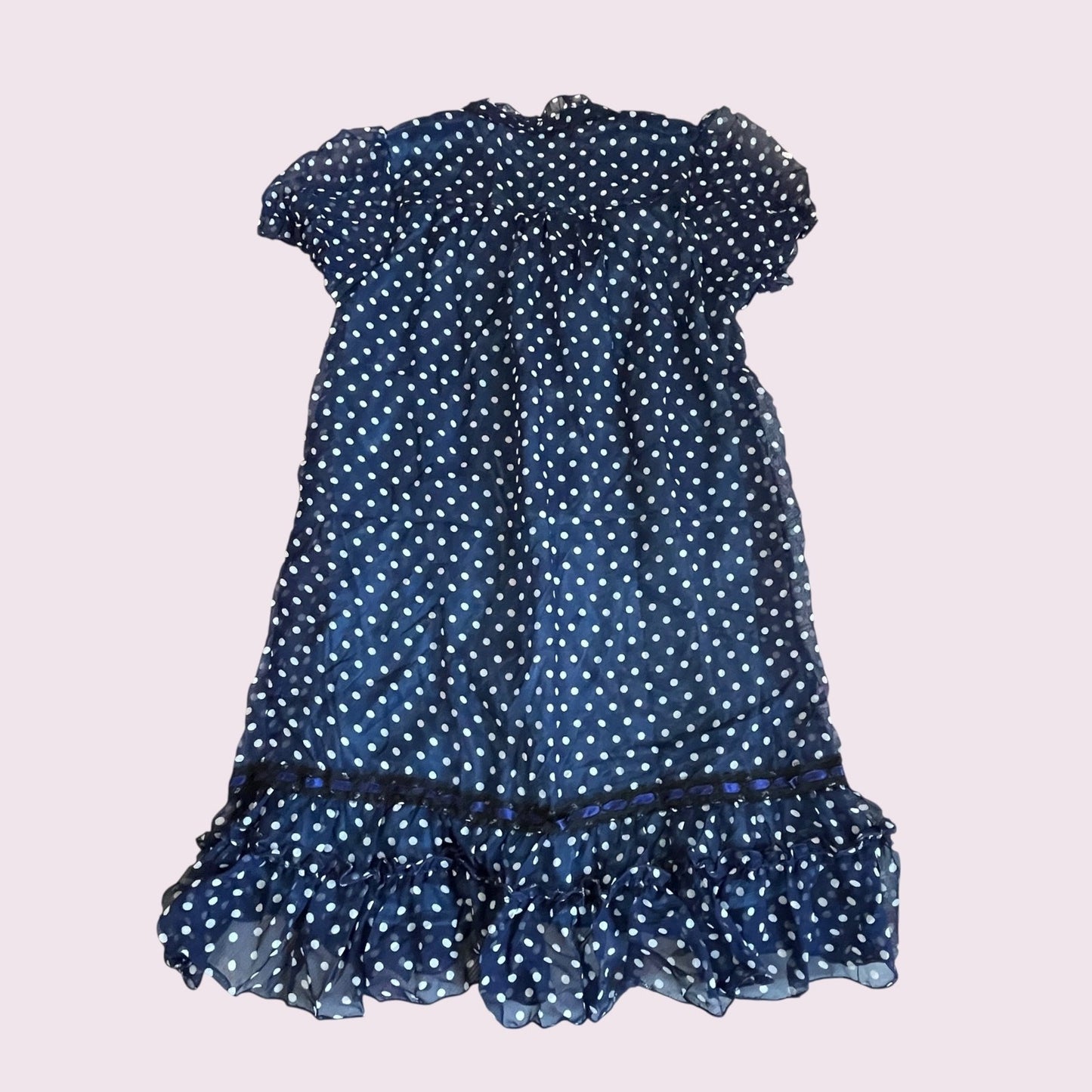 Axes Femme Navy Polka Dot Dress – Ruffle Trim, Sheer Layer, Jfashion Vintage1