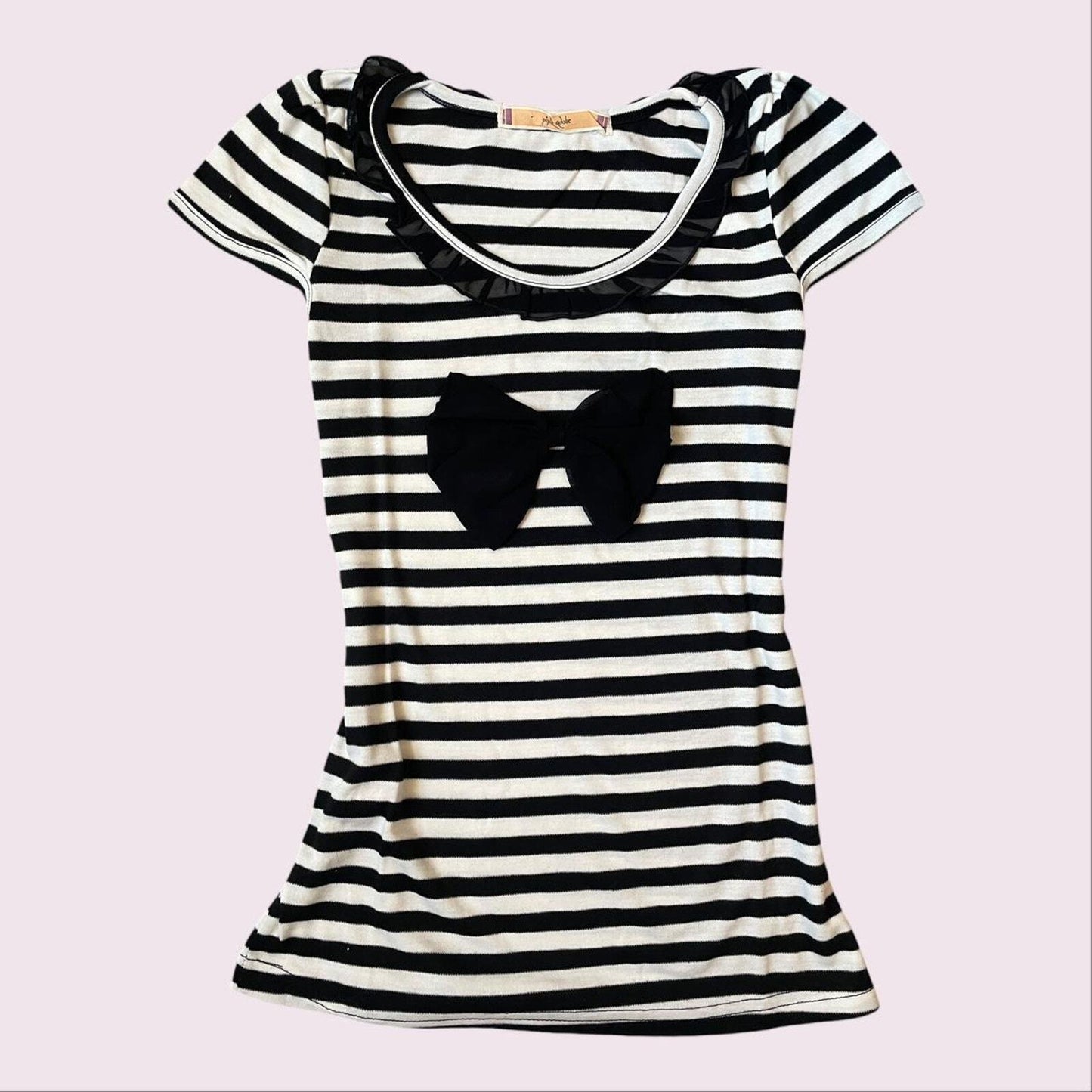 Black and white striped top with black bow and ruffled neckline 0