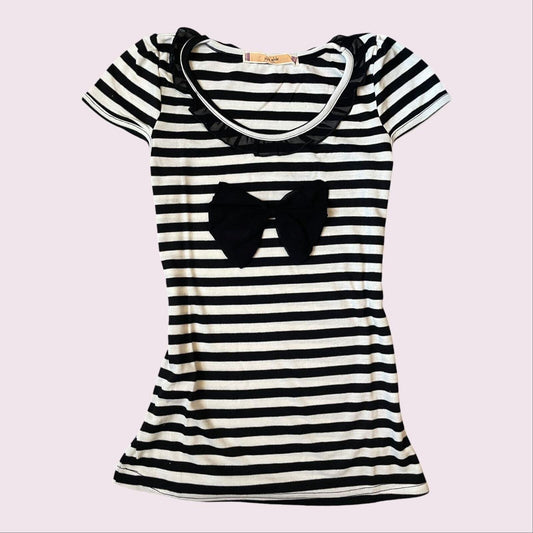 Black and white striped top with black bow and ruffled neckline 0