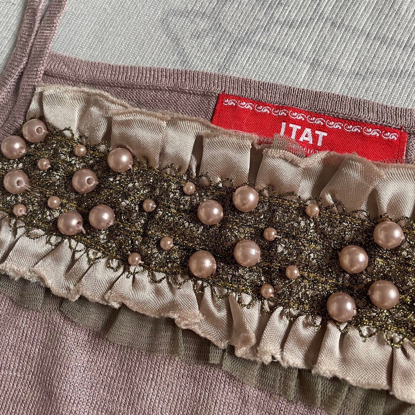Vintage knit camisole with pearl ruffle trim2