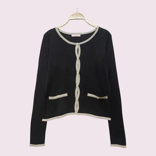 Y2k Japanese Vintage Black Cardigan Contrast Trim, Parisian / Soft Girl Style0