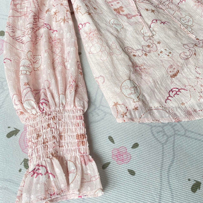Pop Mart collab chiffon blouse with pastel fantasy print & lace collar3