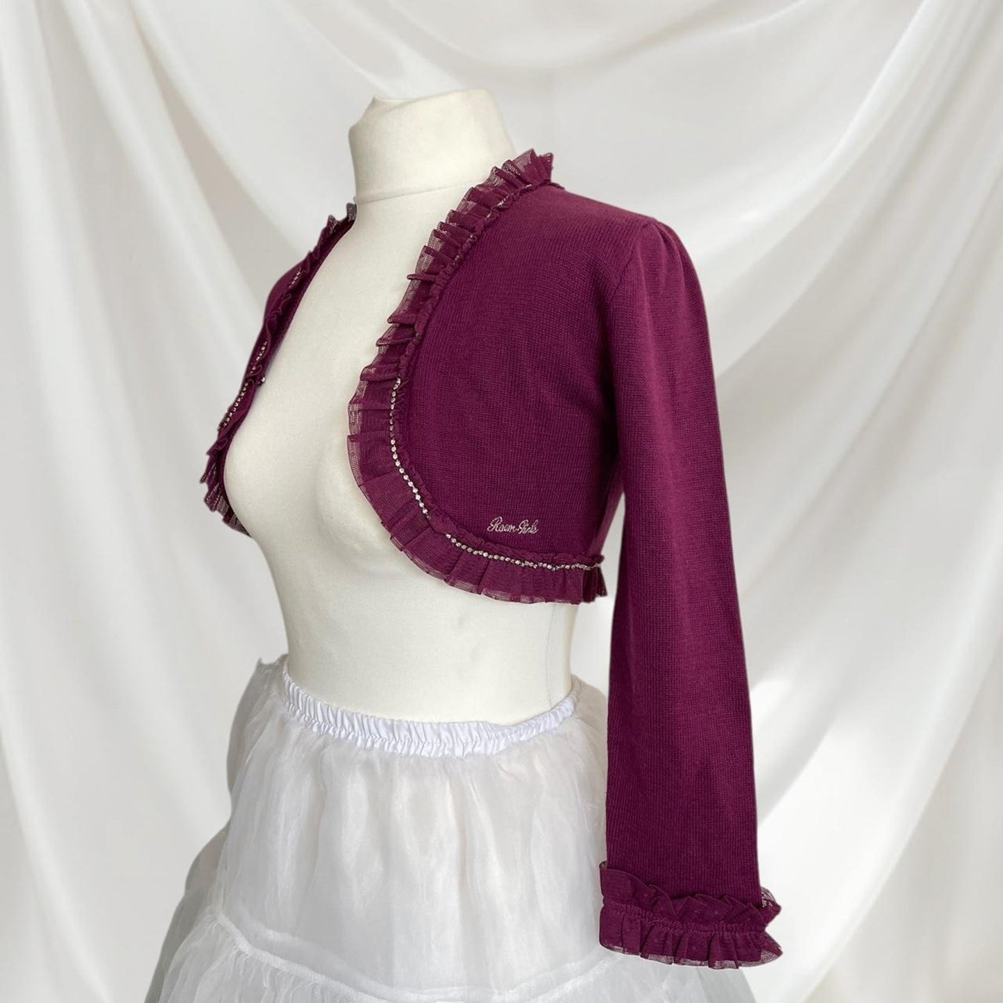 Vintage Korean ruffle trim cropped cardigan in wine red5