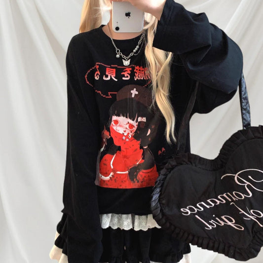 Japanese oversized black Tee with graphic character print Anime Tee0