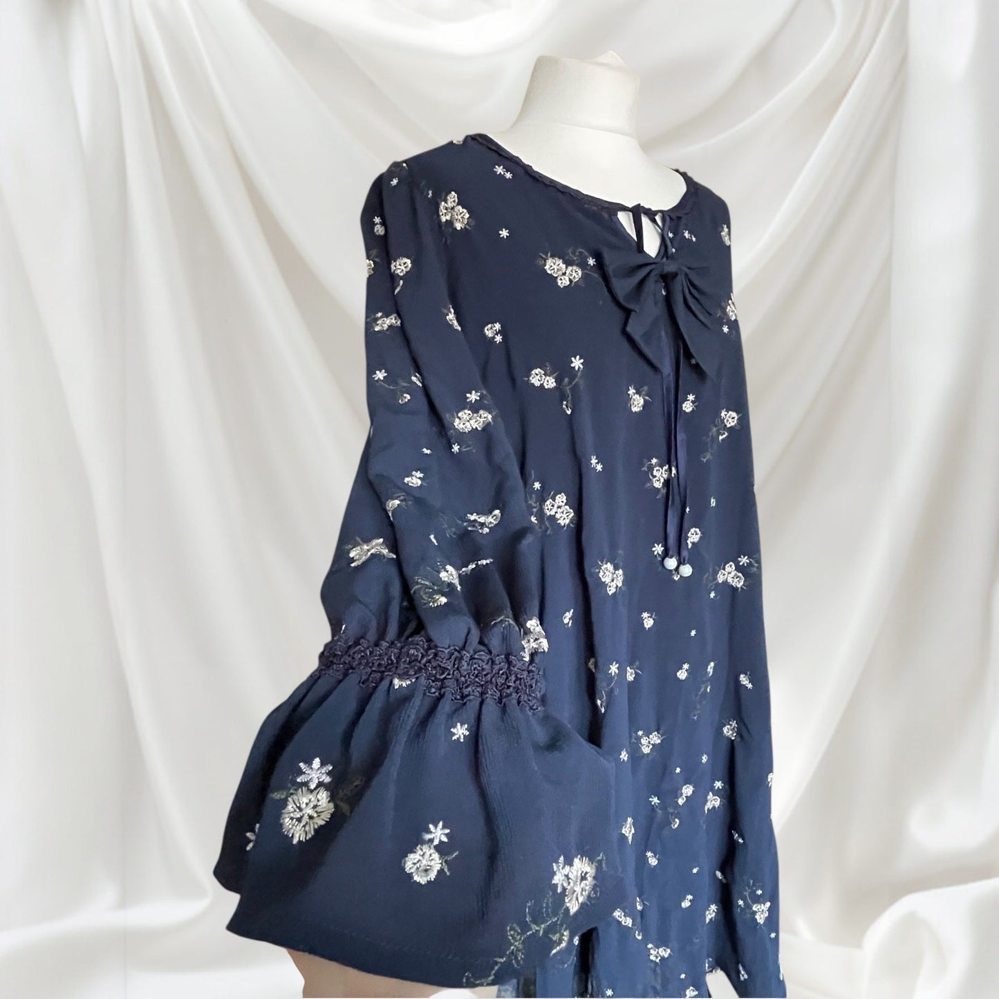 Axes Femme Navy Floral Long Sleeve Dress with Ribbon Bow3