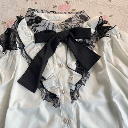 Japanese Brand Lamcy romantic cut-out lace blouse with bow2