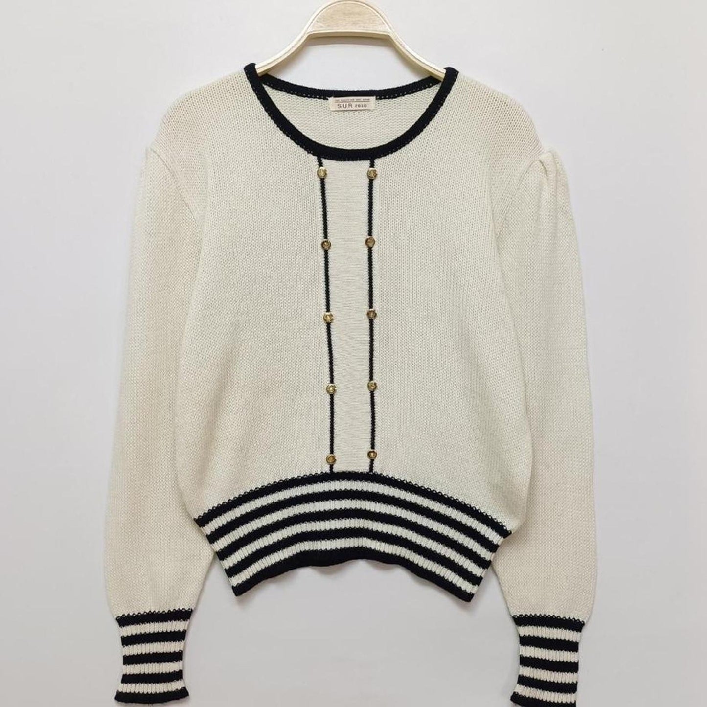 Y2K Japanese Vintage Cream Knit Top with Black Stripe Detail0