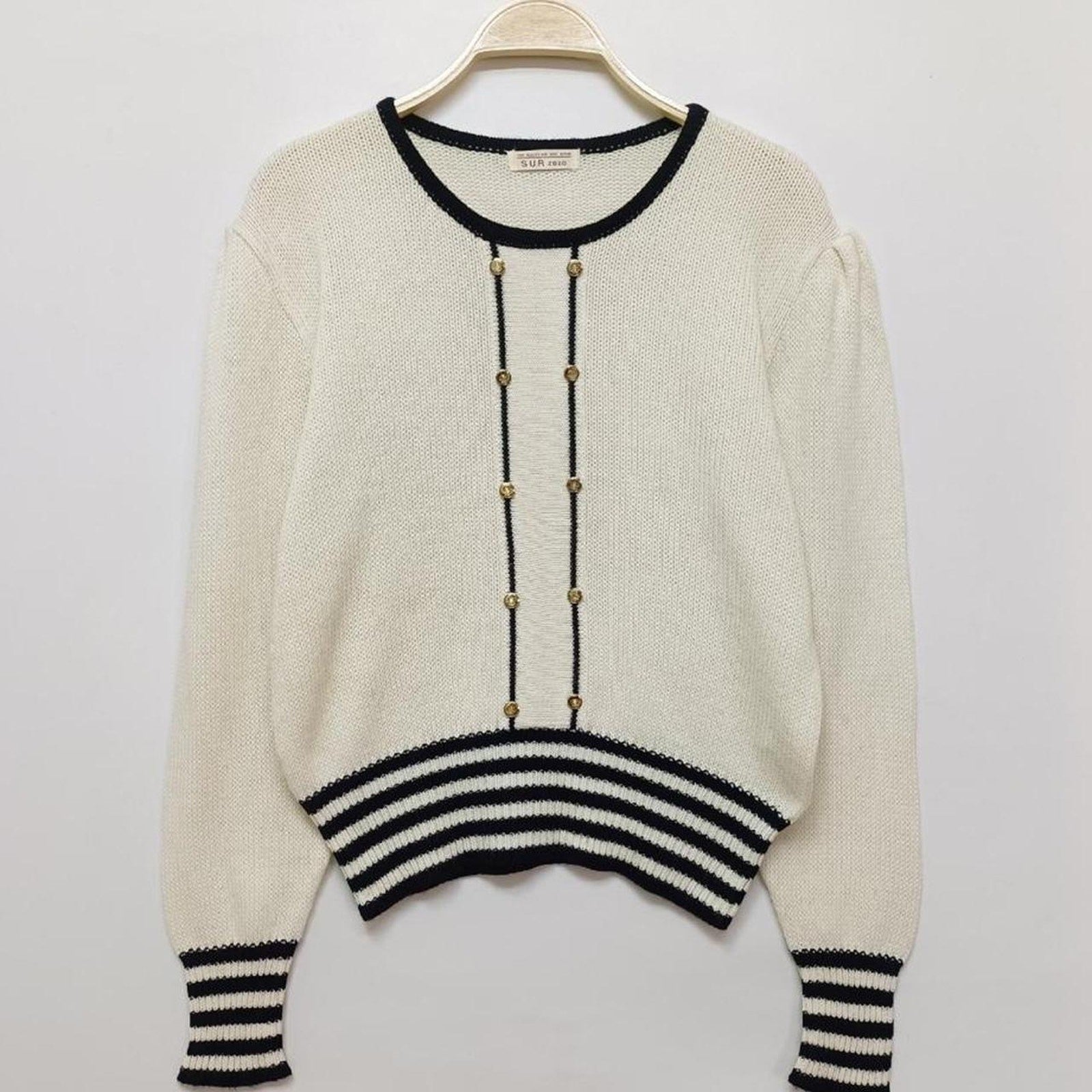 Y2K Japanese Vintage Cream Knit Top with Black Stripe Detail0
