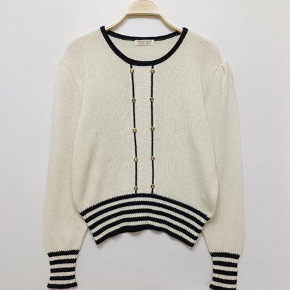 Y2K Japanese Vintage Cream Knit Top with Black Stripe Detail0
