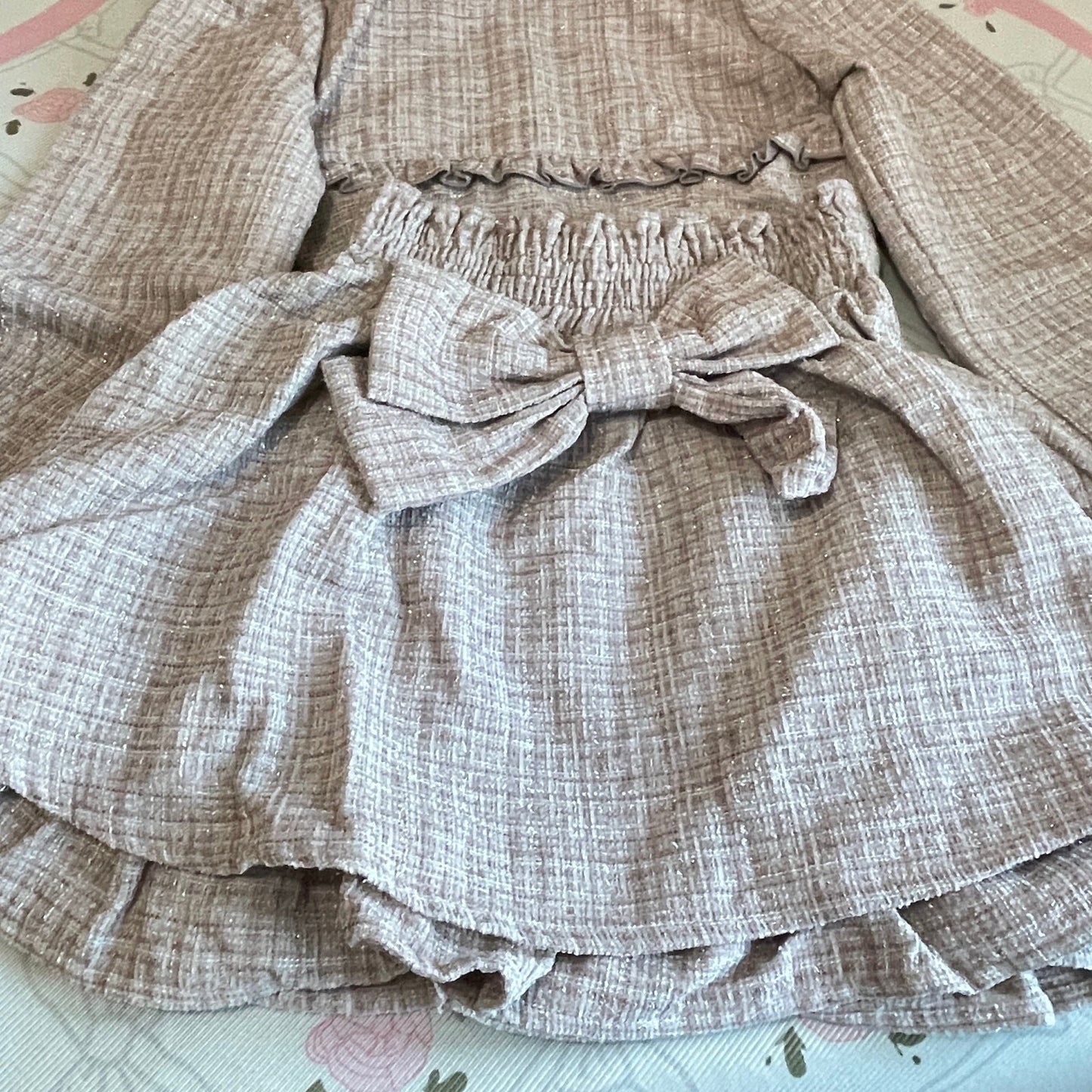 Noemie Pink Tweed Two-Piece Set Bow Skort Kawaii Jirai Kei3