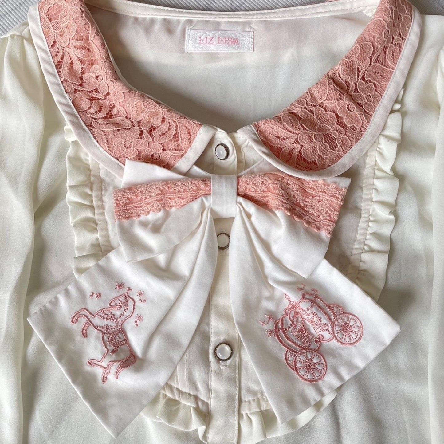 Liz Lisa cream blouse with embroidered bow & pink lace trim1
