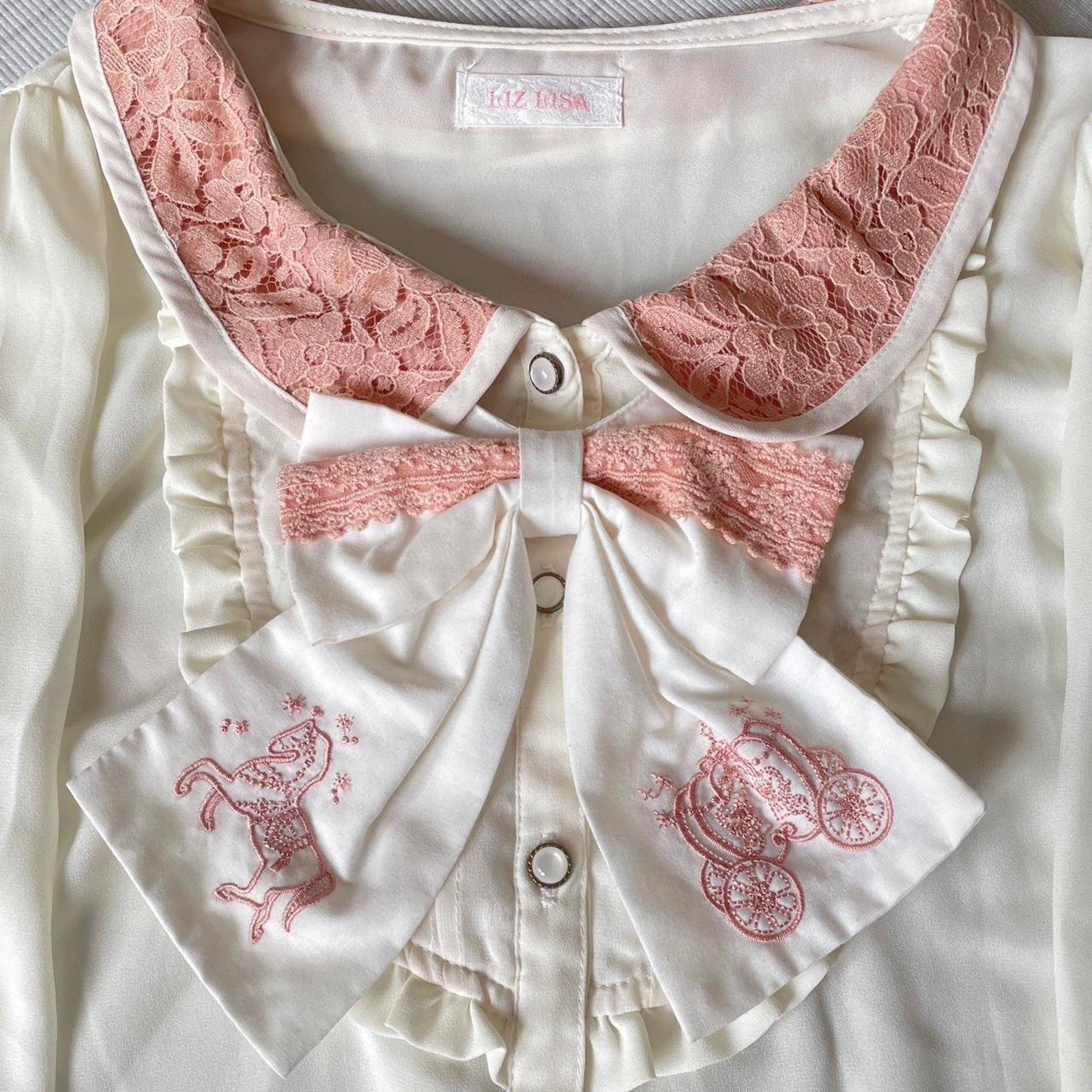 Liz Lisa cream blouse with embroidered bow & pink lace trim1