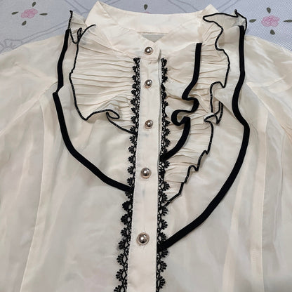 y2k Japanese ruffle blouse – sheer ivory shirt with contrast cuffs3