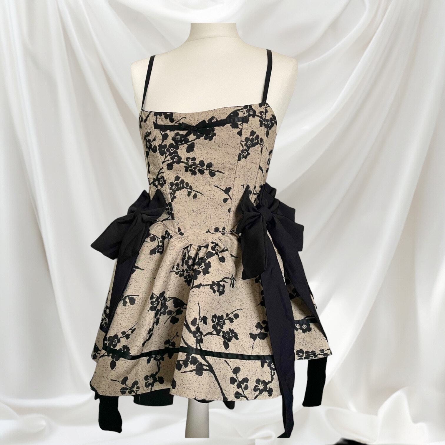 Jacquard retro floral mini dress with bows designer dress XS/S0