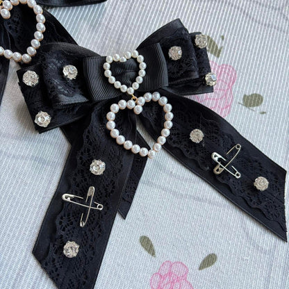 Pearl Heart Rhinestone Hair Bow Clips Set – Gothic Lolita / Elegant Kei bow2