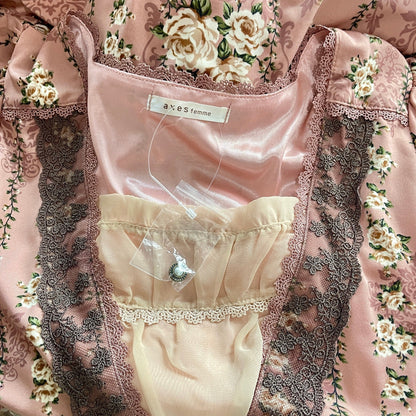 Axes Femme Dusty Pink Floral Dress VNeck Lace Kawaii Mori Kei5