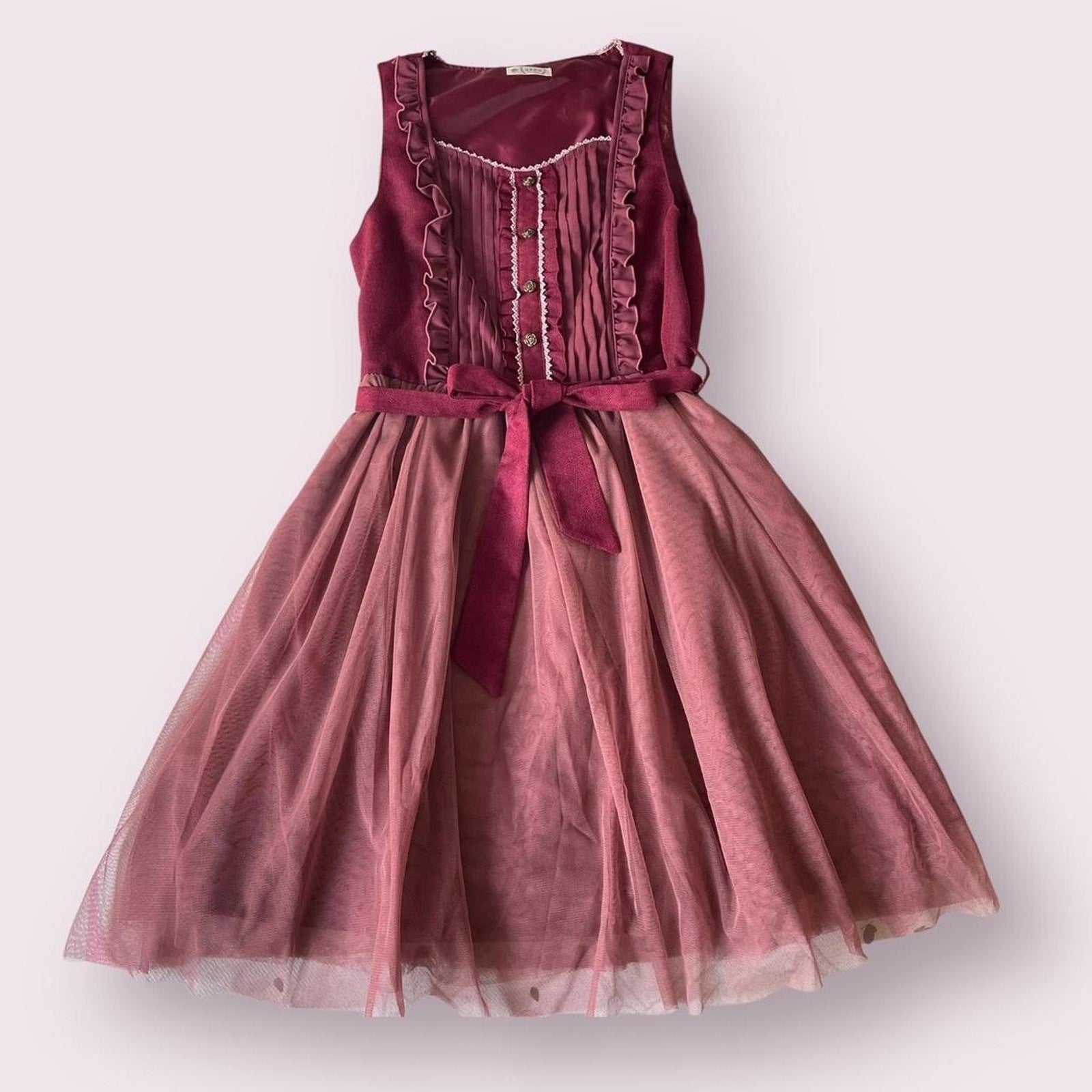 Axes Femme dusty rose and burgundy layered dress with ribbon belt0