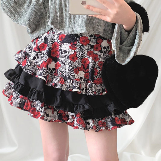 Layered cake skirt/skort with skeleton and rose pattern jfashion kawaii0