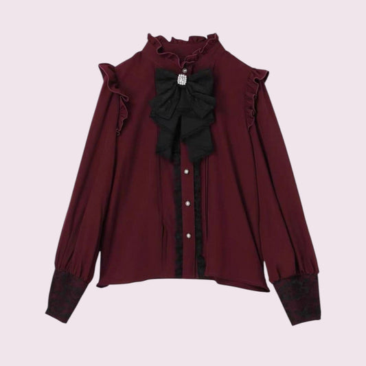 Noemie Burgundy Lace Blouse with Detachable Bow – Gothic Lolita / Elegant Kei0