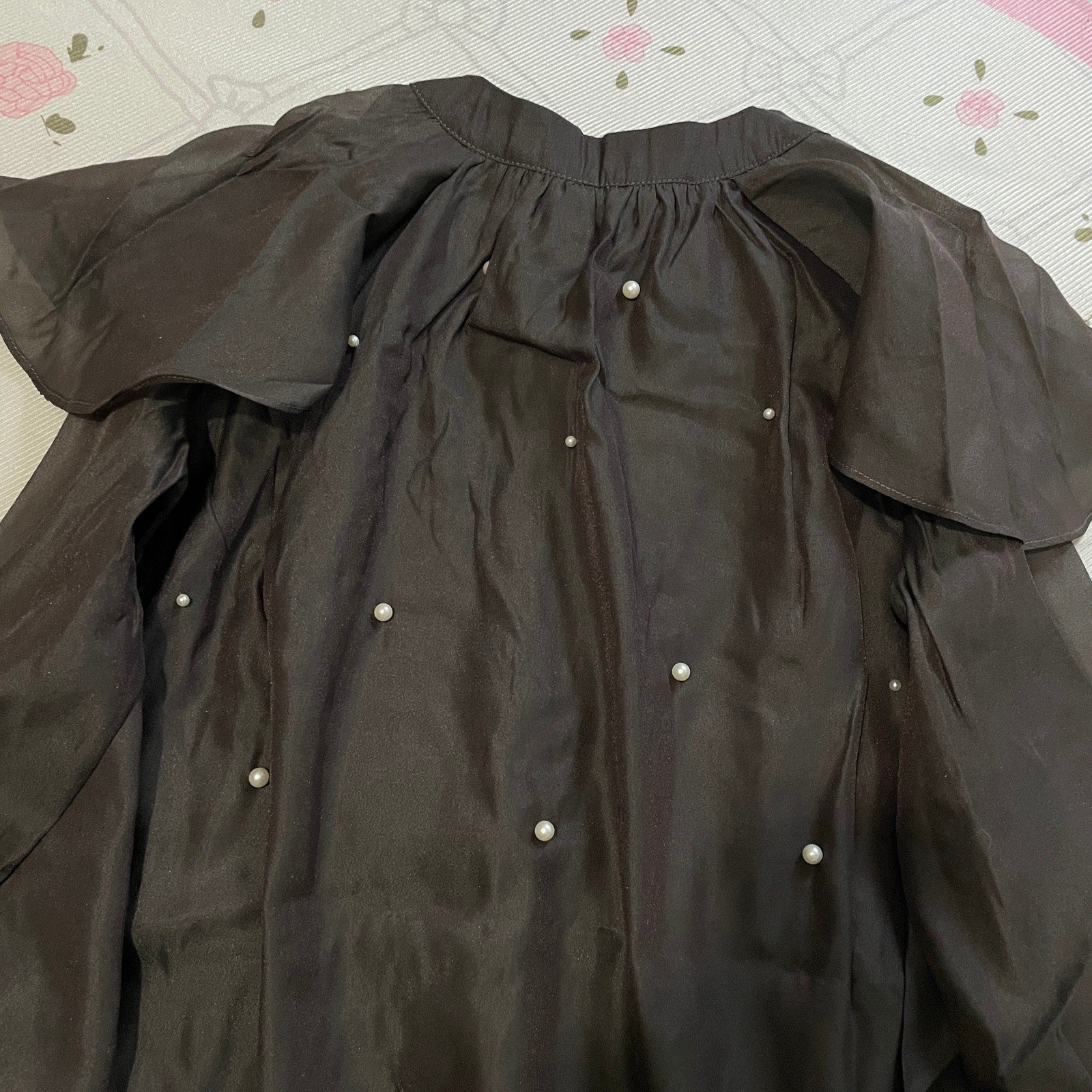 GRL black oversized bow blouse – sheer puff sleeves, pearl detail4