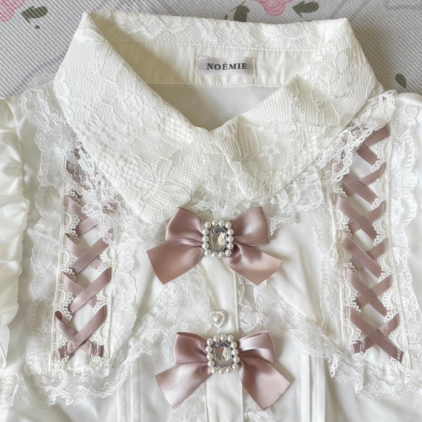 Japanese Brand Noemie lace ribbon blouse with pink satin bows1