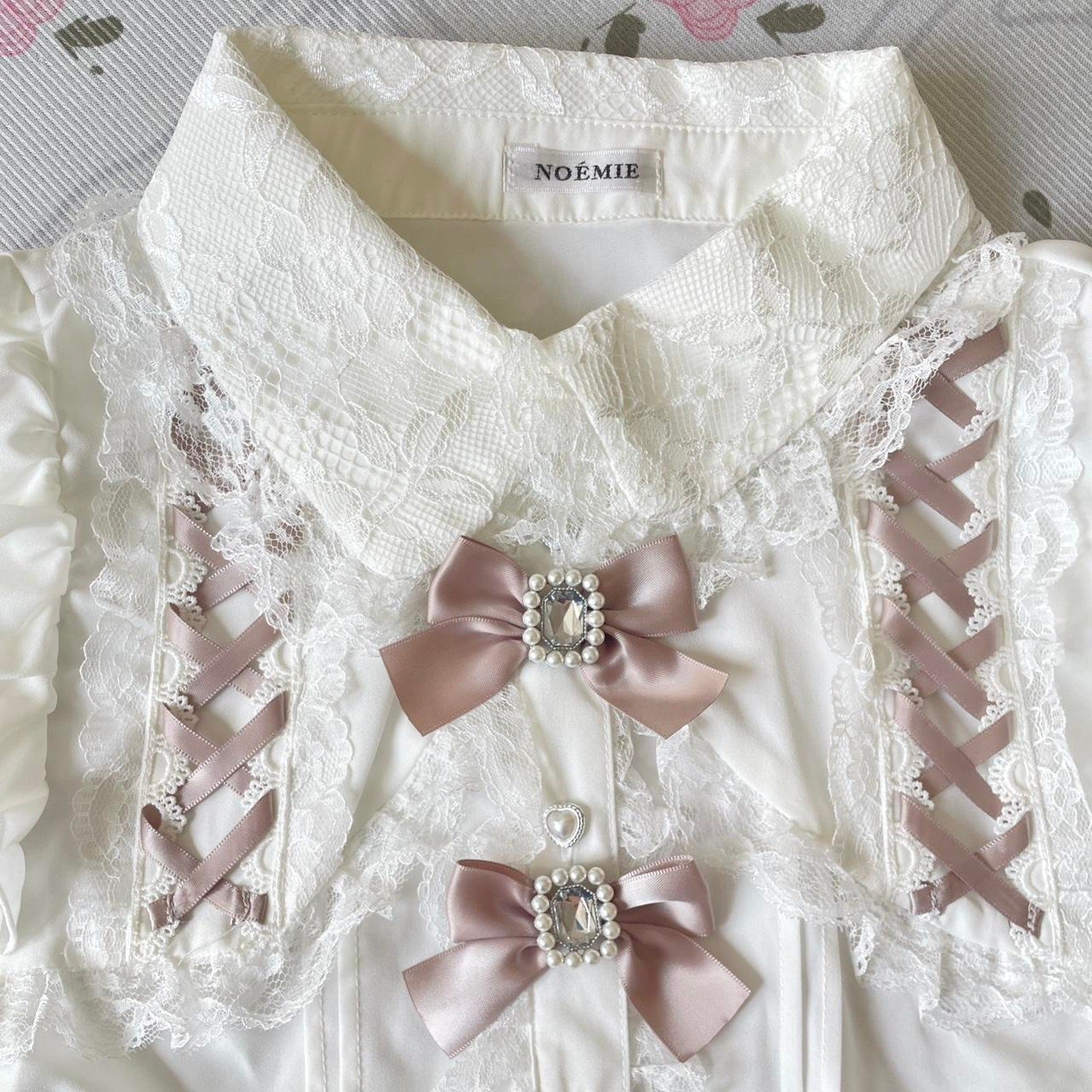 Japanese Brand Noemie lace ribbon blouse with pink satin bows1