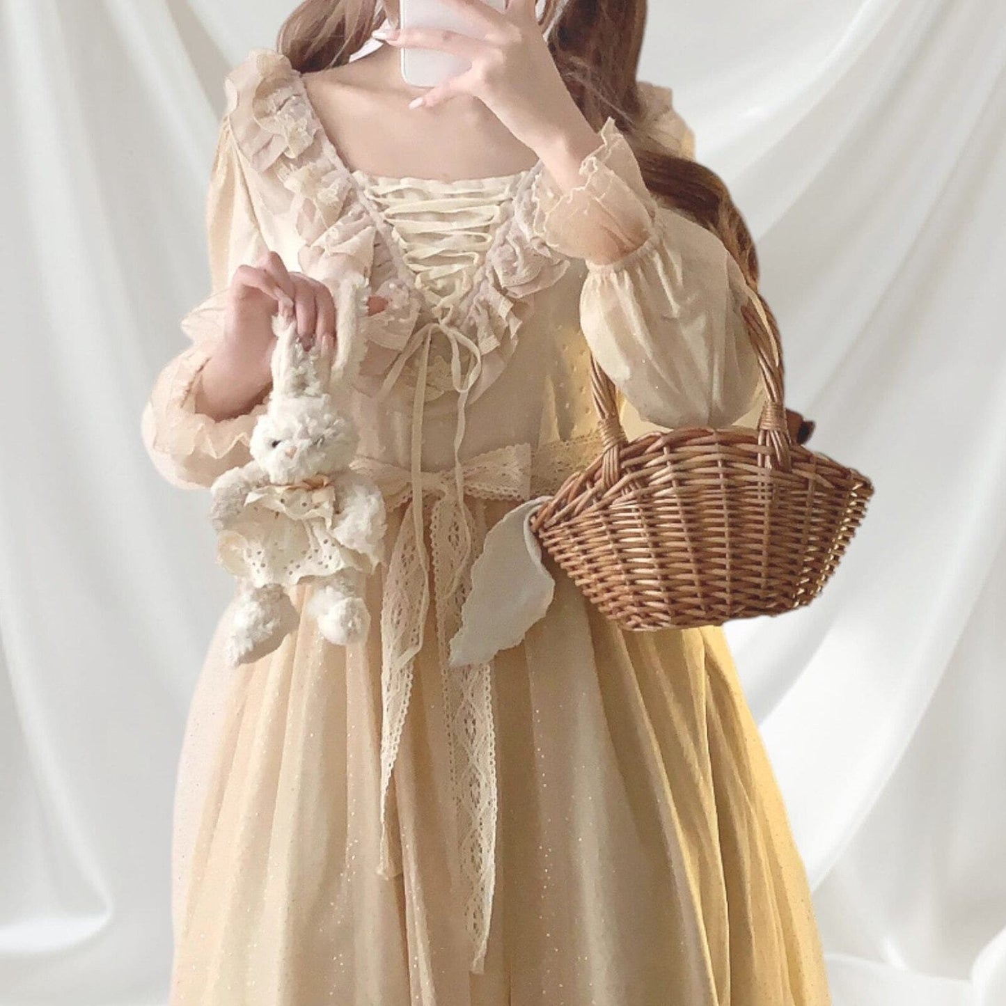 Vintage-inspired midi dress with a lace-up detail with ruffles and a lace belt 3